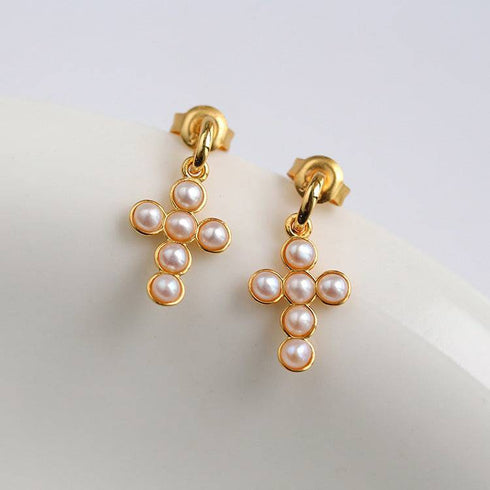 Vintage Cross Pearl Earrings Gold Vermeil - Zafari Studio Jewelry